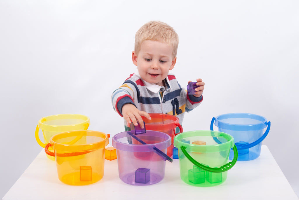 Translucent bucket set with six colored lidded buckets and wide side handles