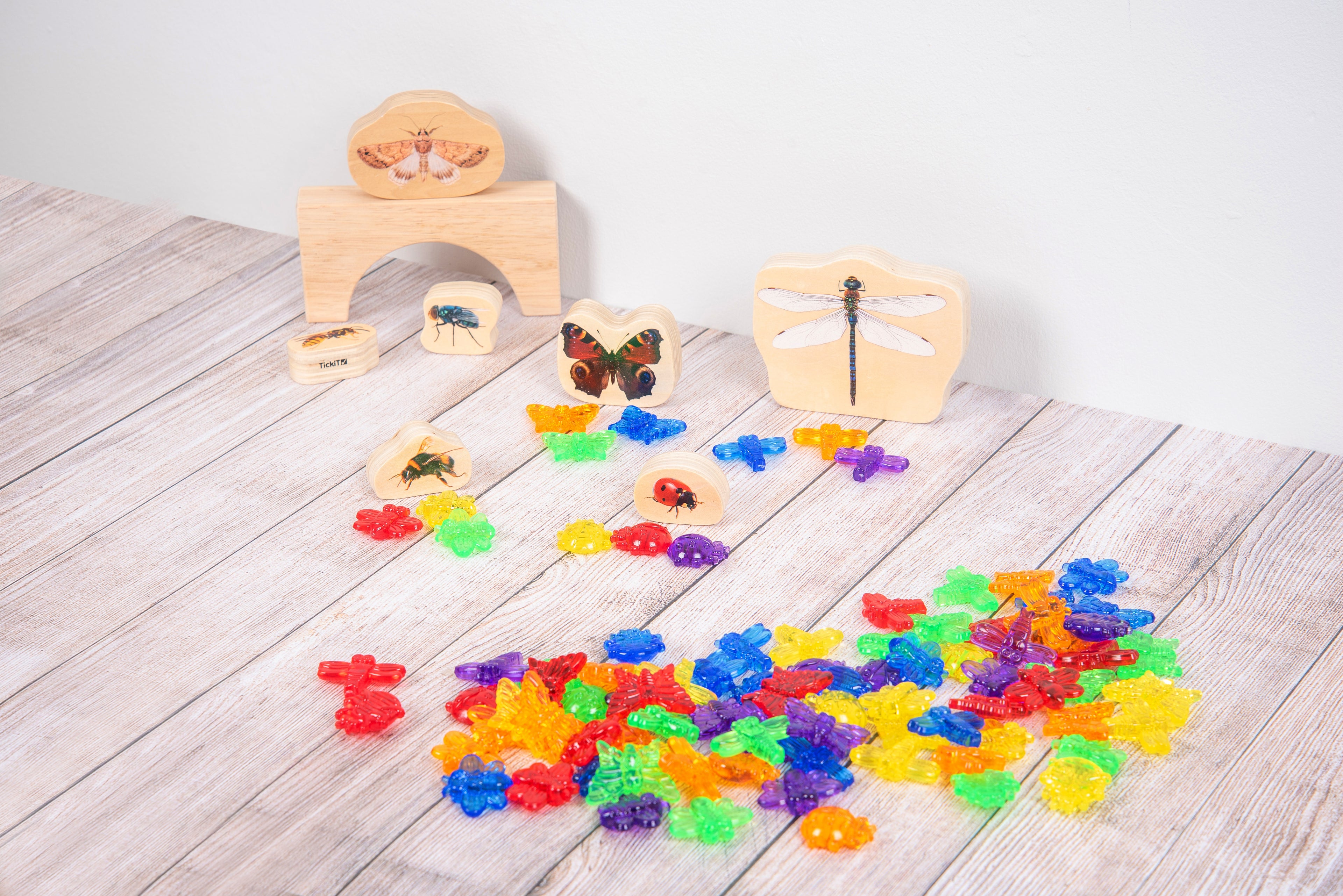 Translucent colorful bug pieces scattered on wooden activity boards and cards.