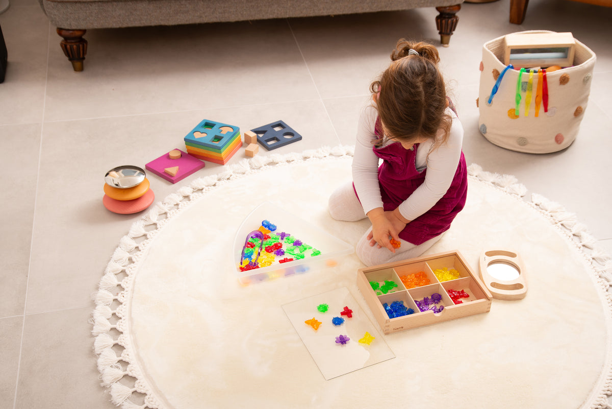 Translucent colorful bug pieces and wooden tray set, on a play mat with toys.