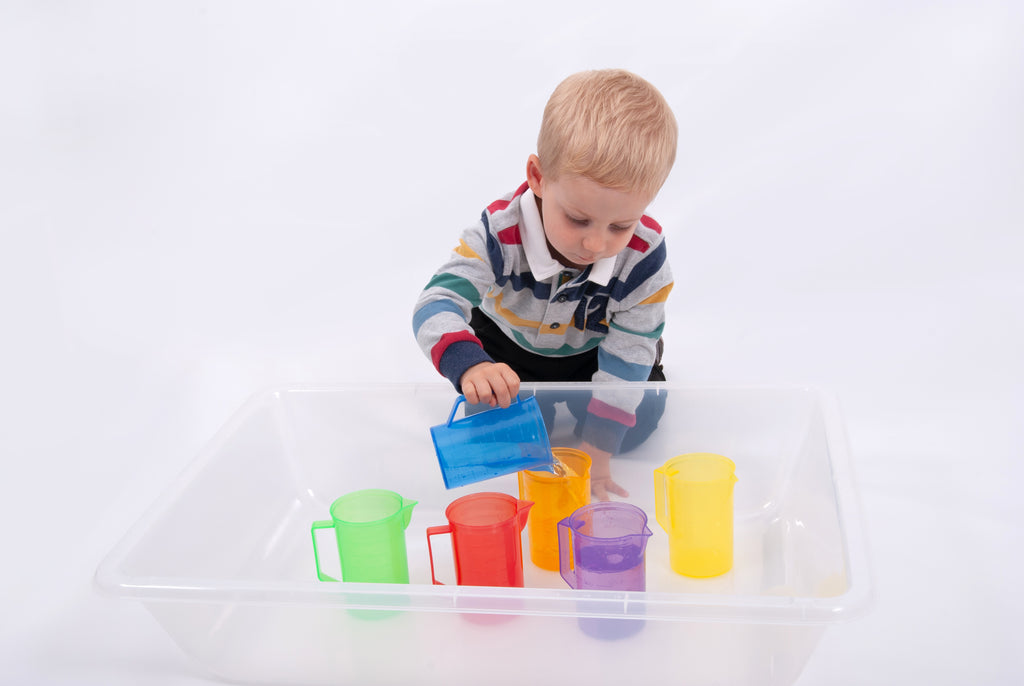 Translucent plastic jug set with colorful jugs in a clear storage tray
