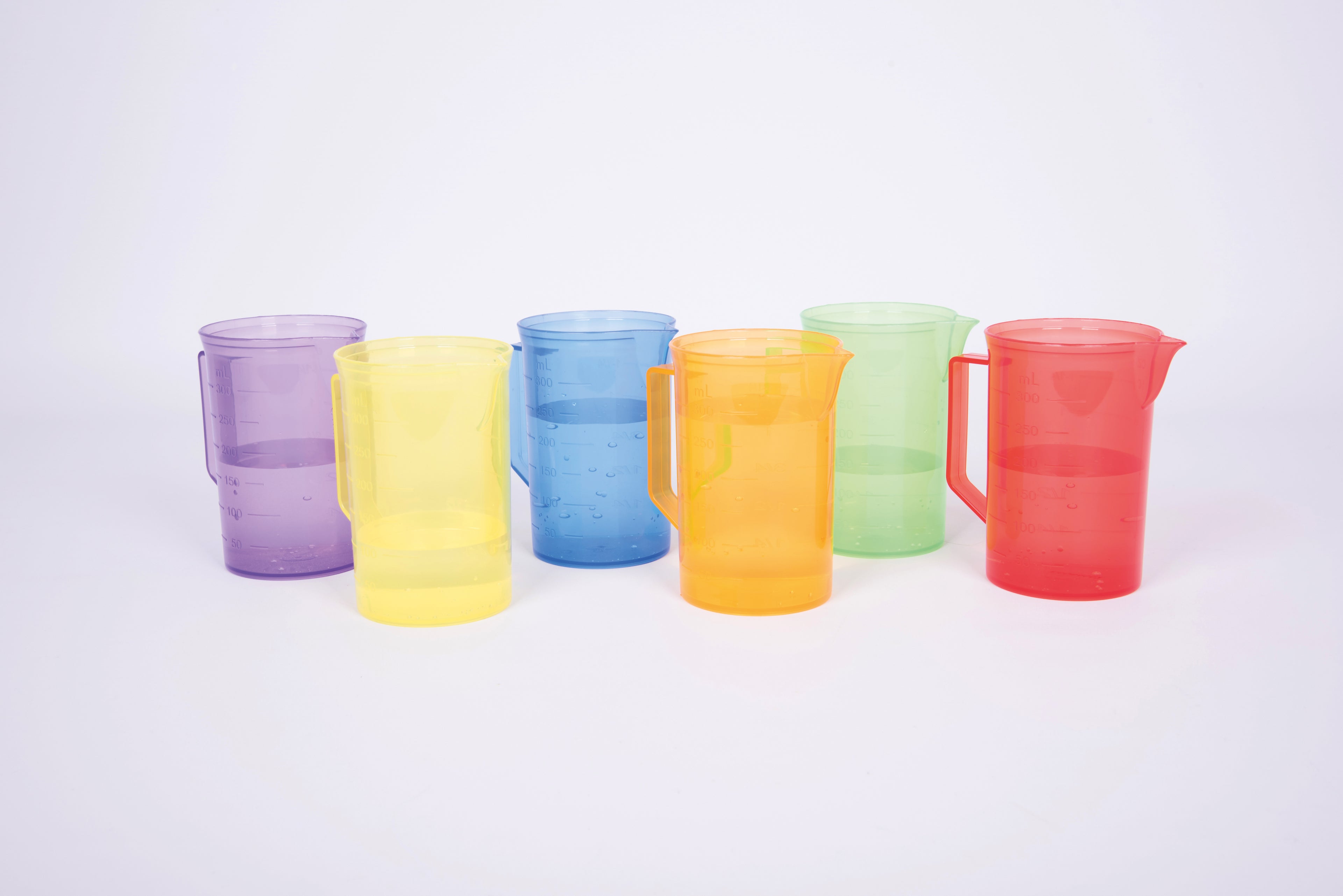 Row of translucent plastic jugs in purple, yellow, blue, orange, green and red