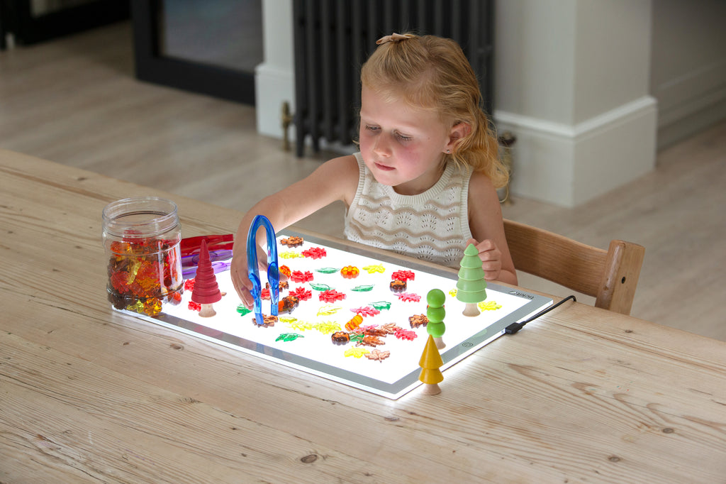 Kids play tray with translucent leaf and seed pieces and small green and red cones