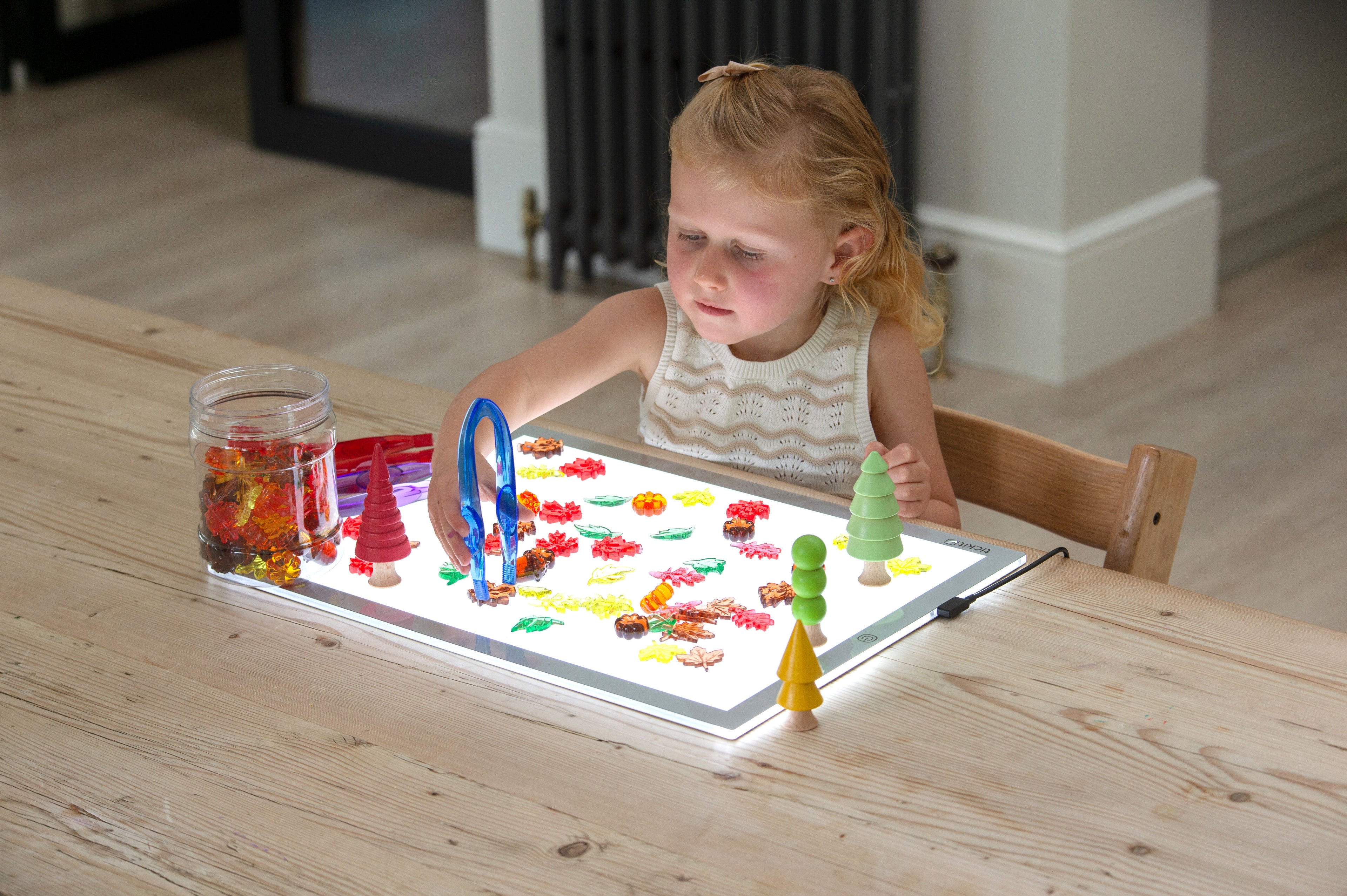 Kids play tray with translucent leaf and seed pieces and small green and red cones