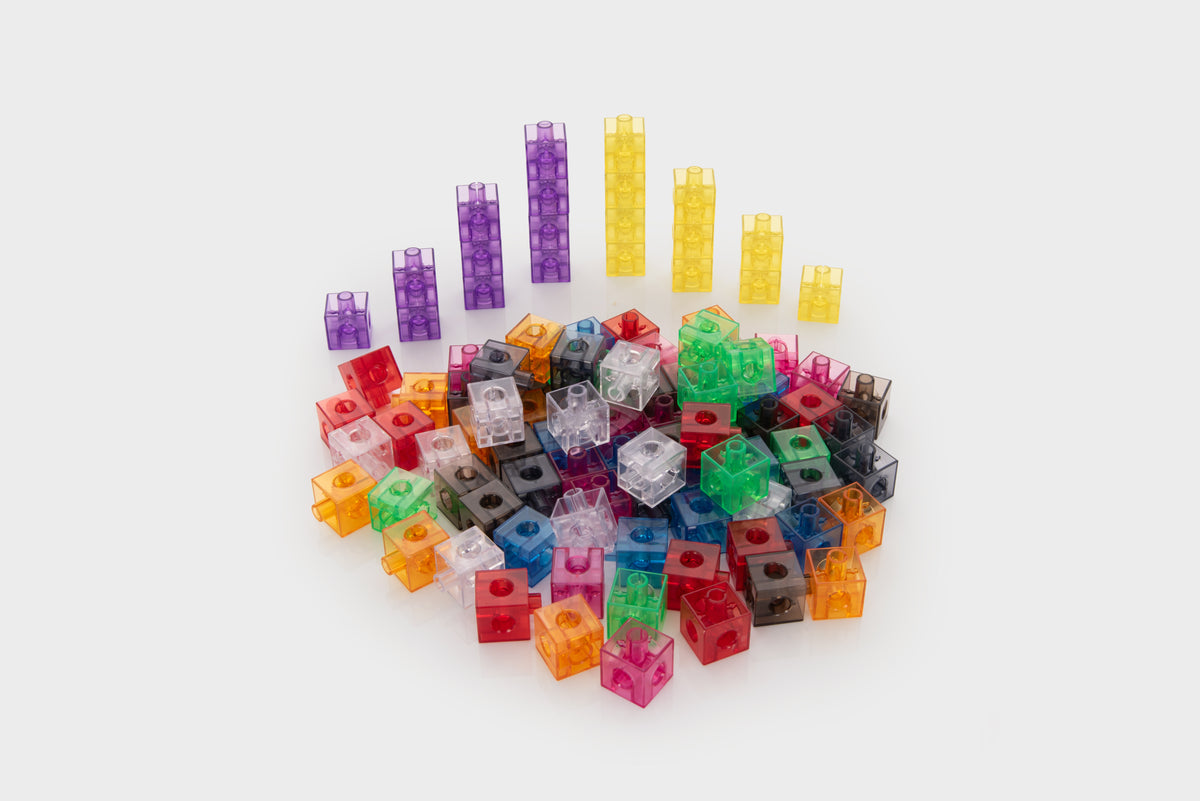 Translucent linking cube set, mixed-color cubes and rods piled together