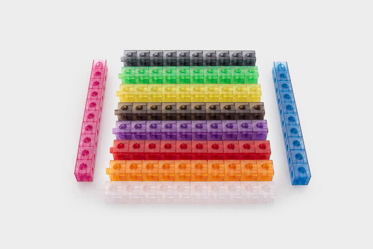Translucent linking cube set display with multicolor long bars and connecting pieces