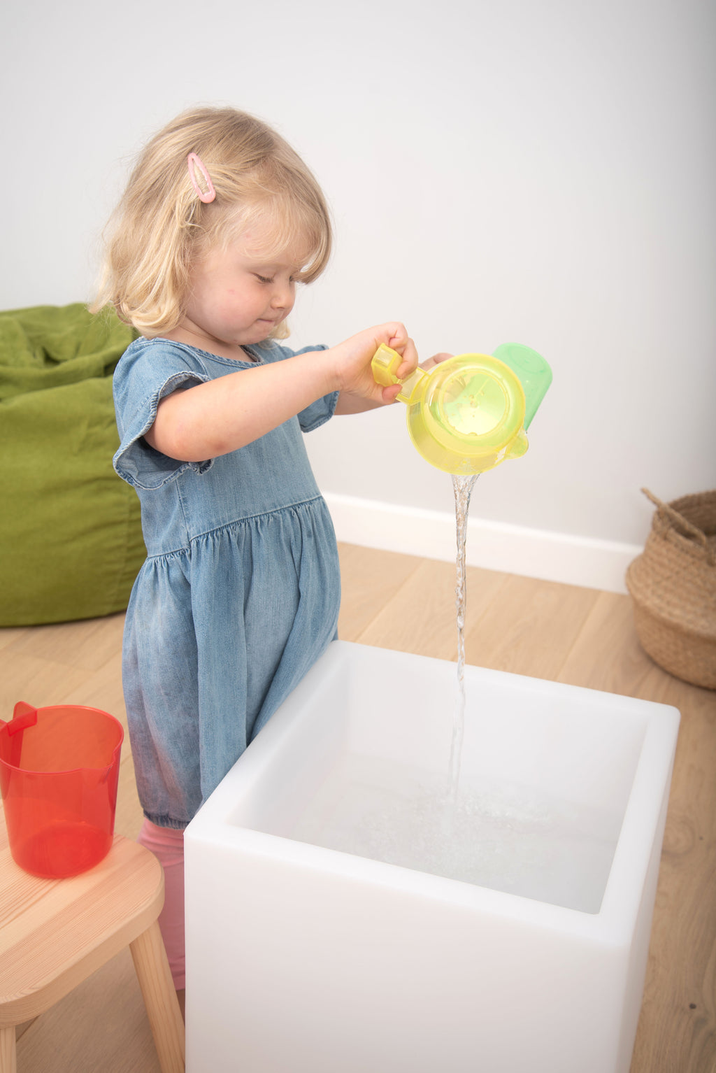 Translucent nesting jug, yellow with green lid, clear pour spout and handle