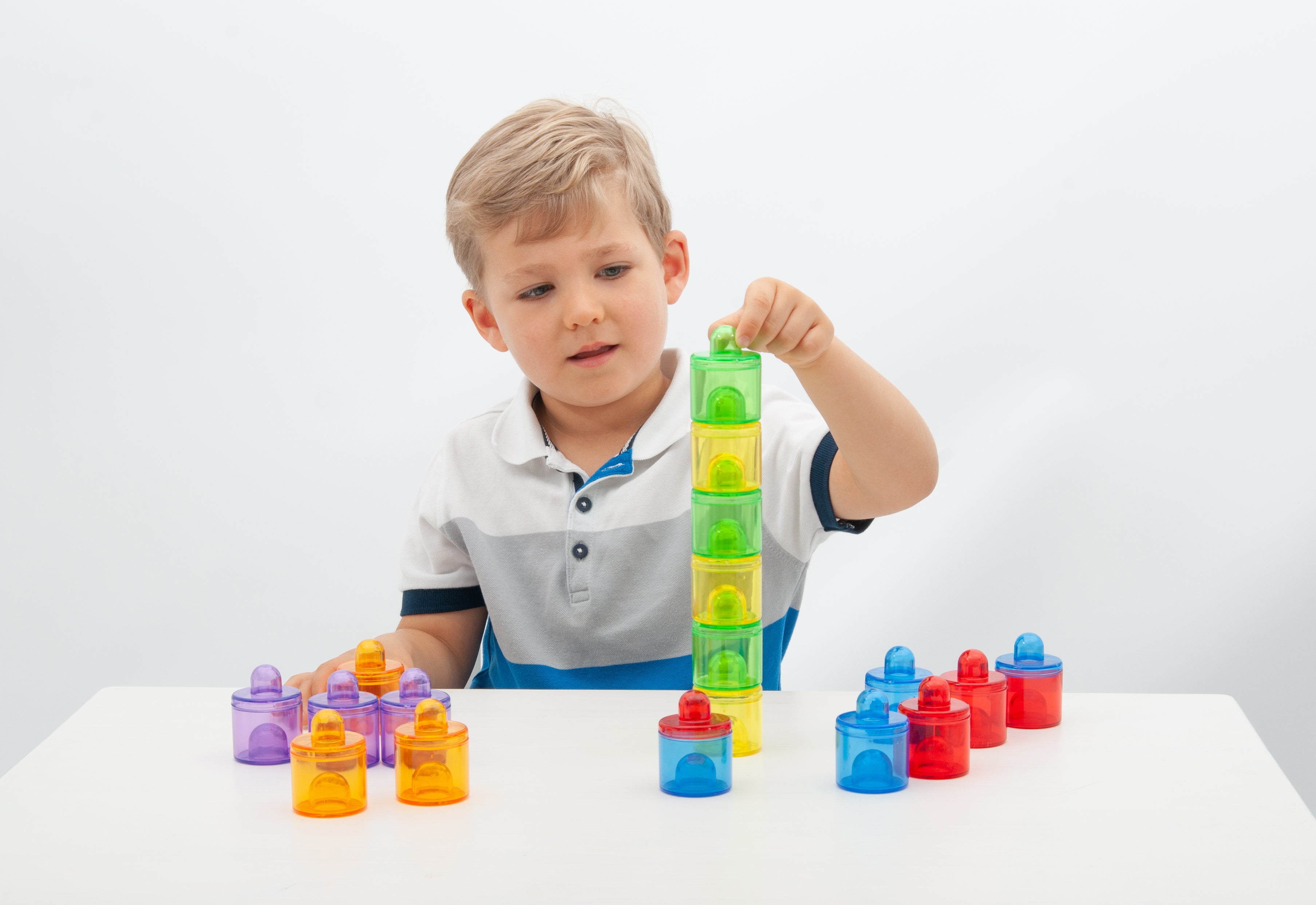Translucent color pot set with multicolor stacking pots in a tower shape