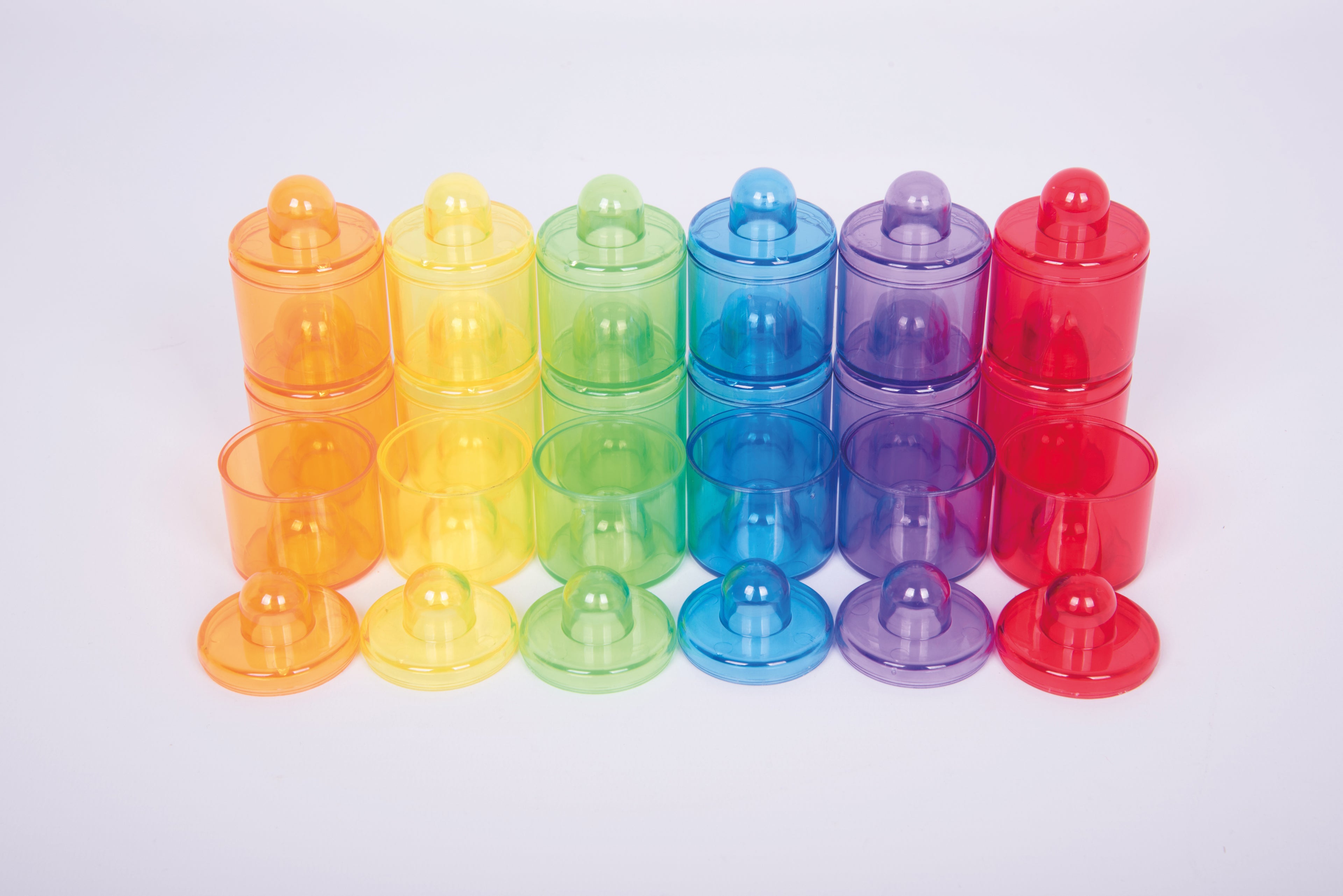 Translucent color pot set, multicolor pots with matching lids arranged in rows