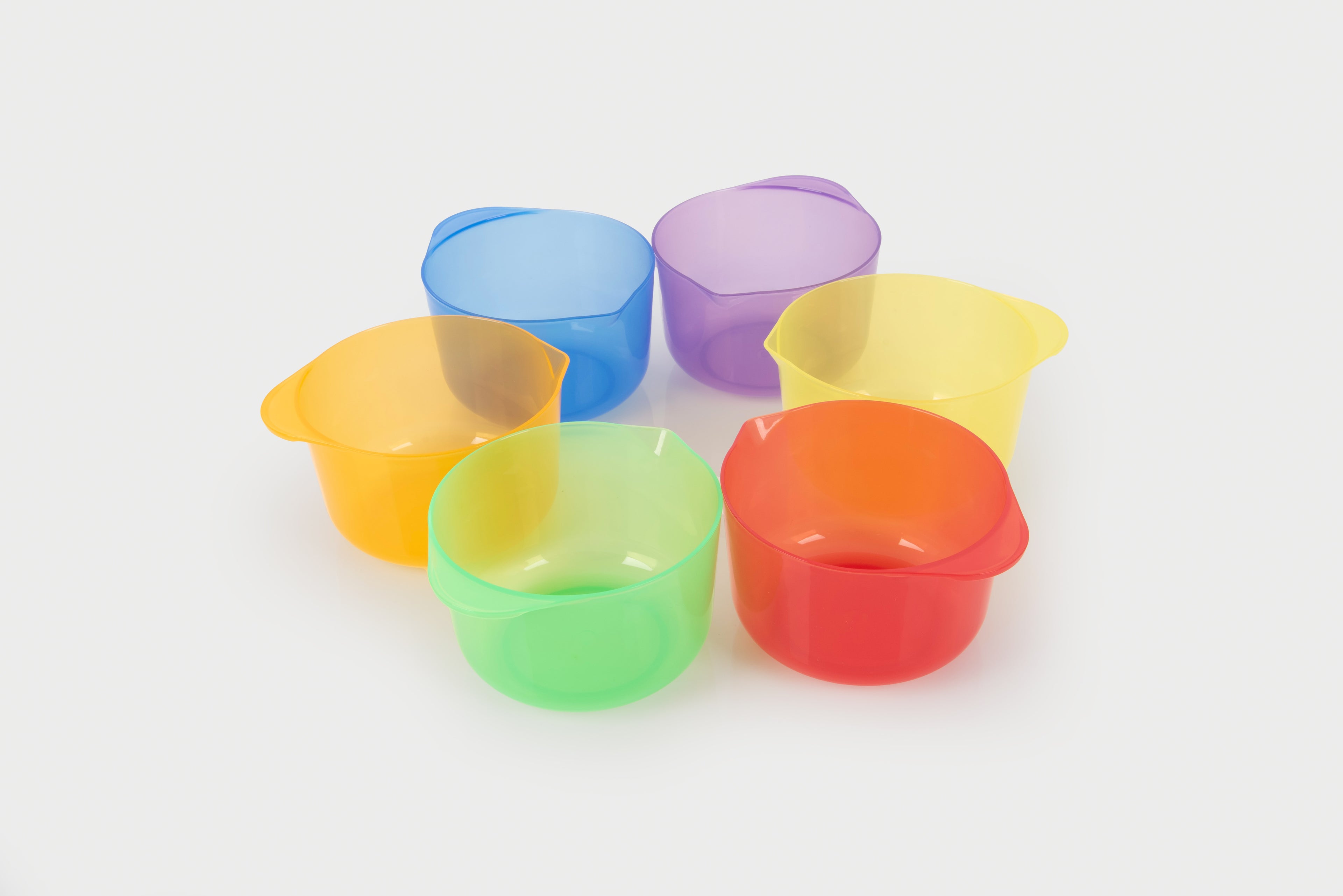 Translucent pouring bowl set in yellow, green, blue, orange, and purple