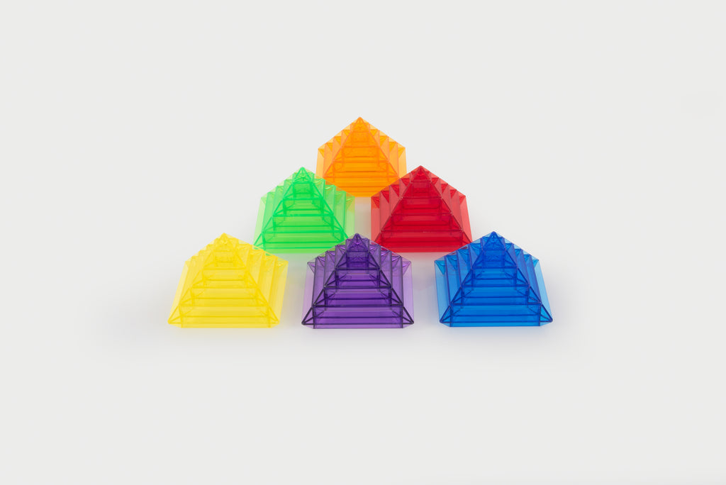 Translucent pyramid builder set with six colorful stackable pyramid blocks