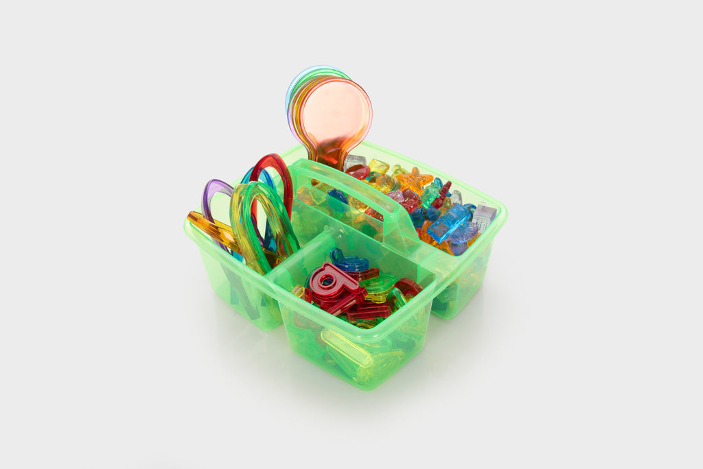 Translucent green storage bin with colorful bead-like letter and number pieces