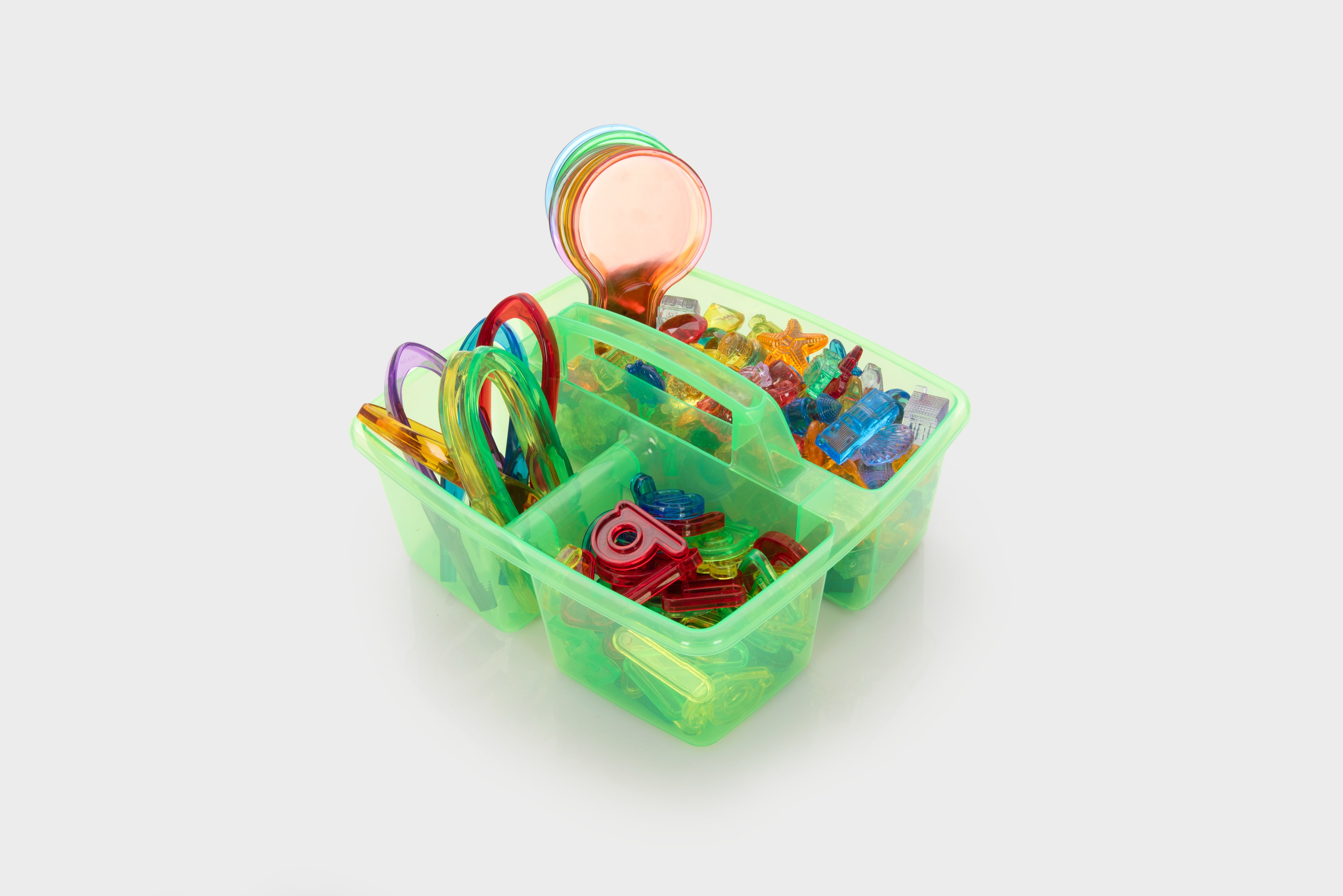 Translucent green storage bin with colorful bead-like letter and number pieces
