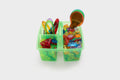 Two translucent green bins with colorful letter-number pieces and wooden spoon