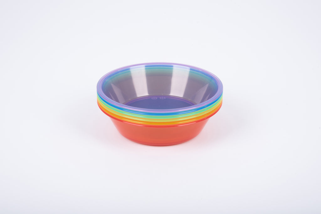 Translucent multi-color bowl with rainbow rim and clear inner base