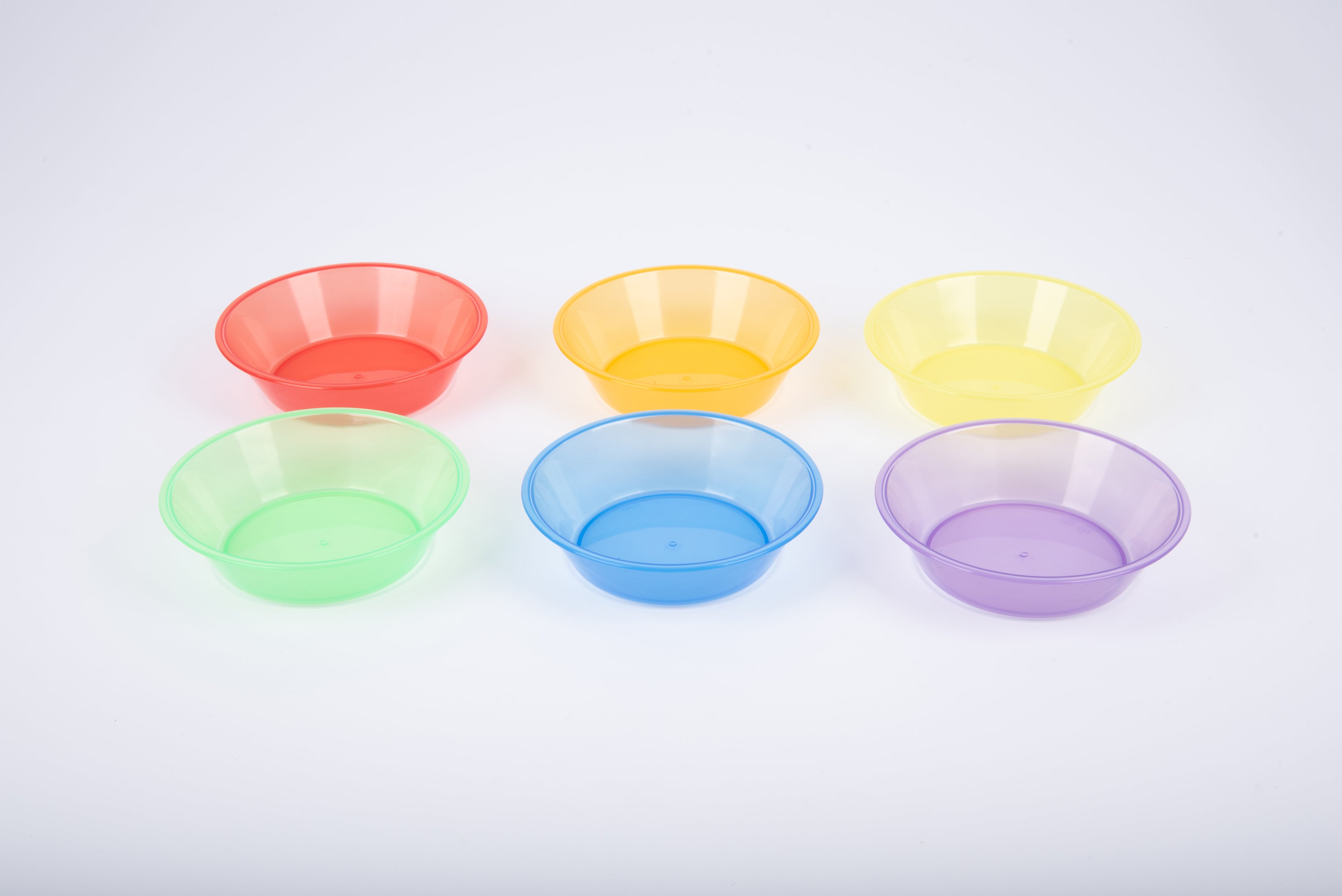 Six translucent color bowls: red, orange, yellow, green, blue, and purple