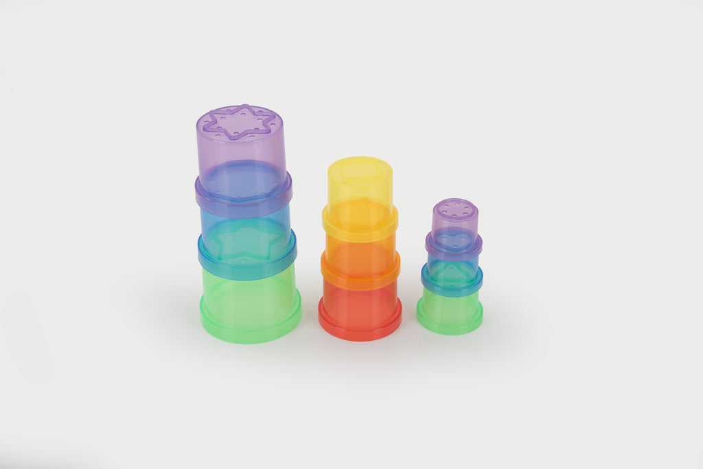 Translucent stacking cups set in assorted colors, nested and stacked for display.