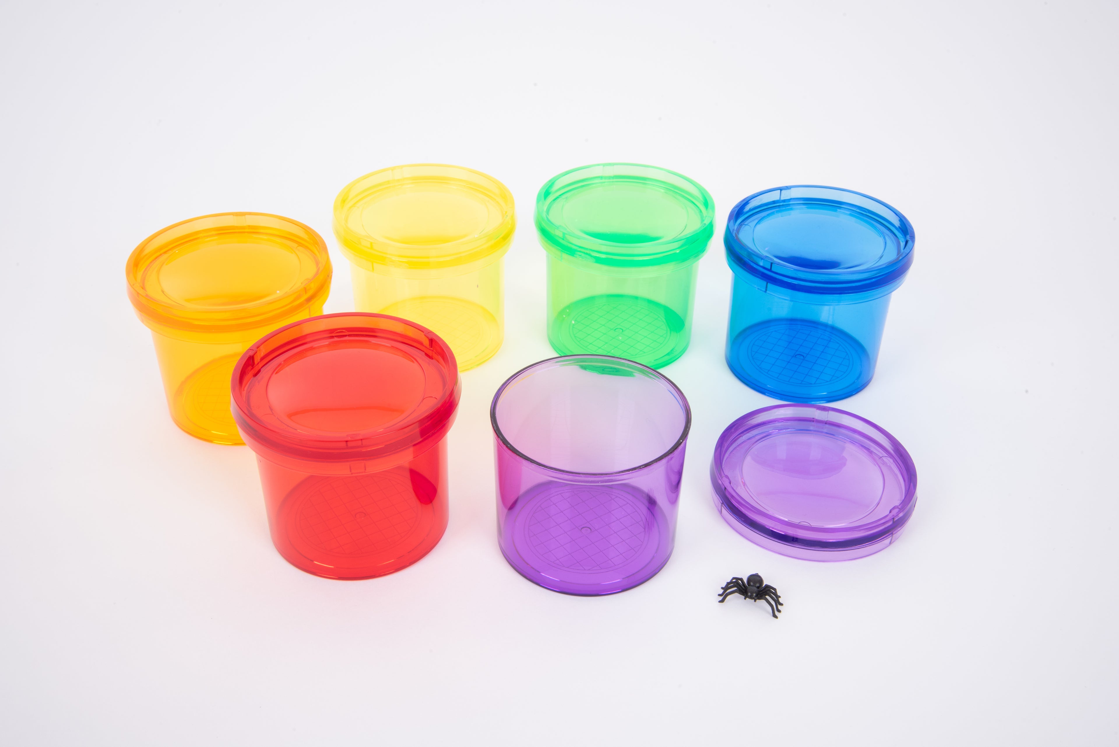 Group of translucent color viewer cups in orange, yellow, green, blue, and purple