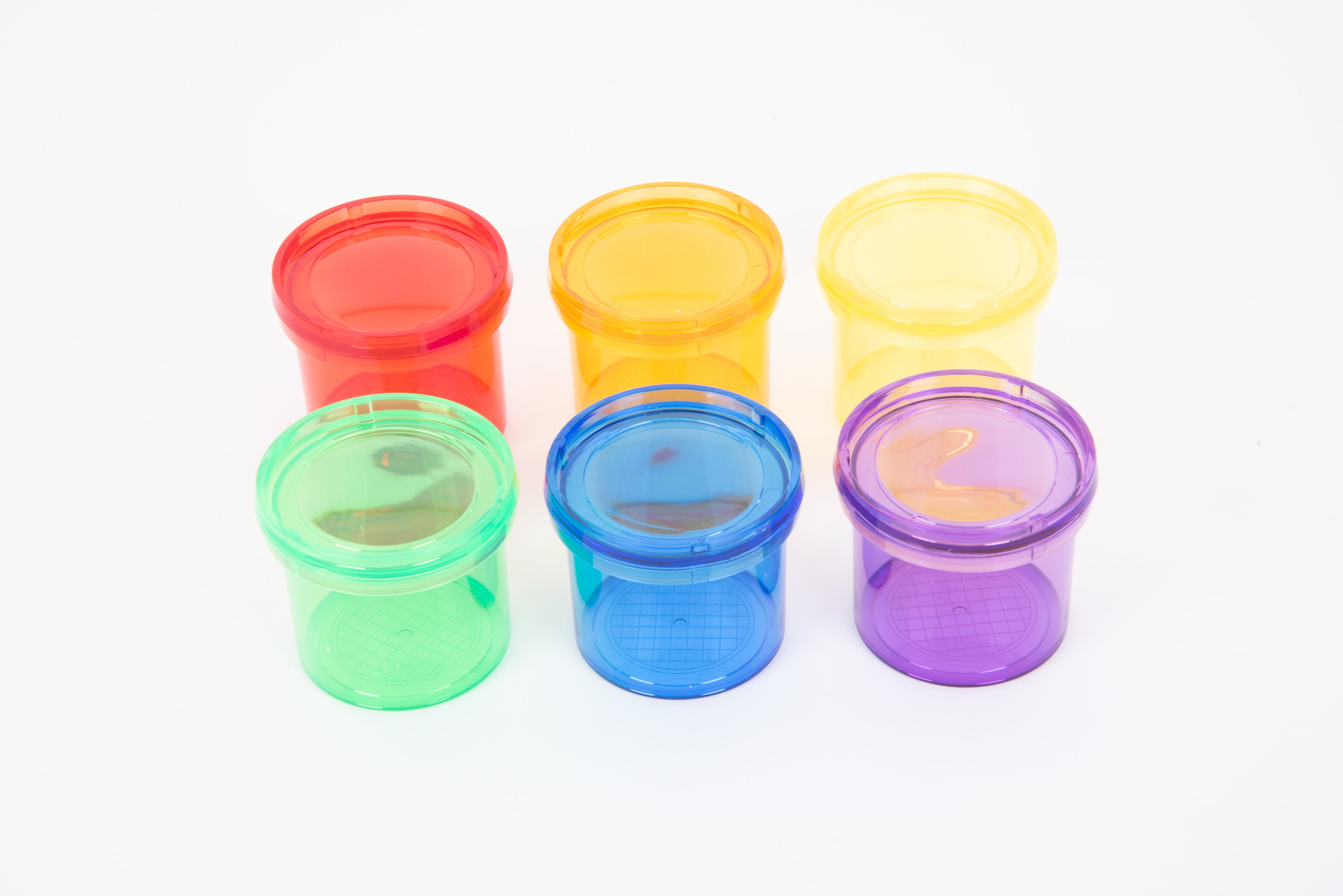 Cluster of translucent color viewer cups in red, green, blue, yellow, and purple