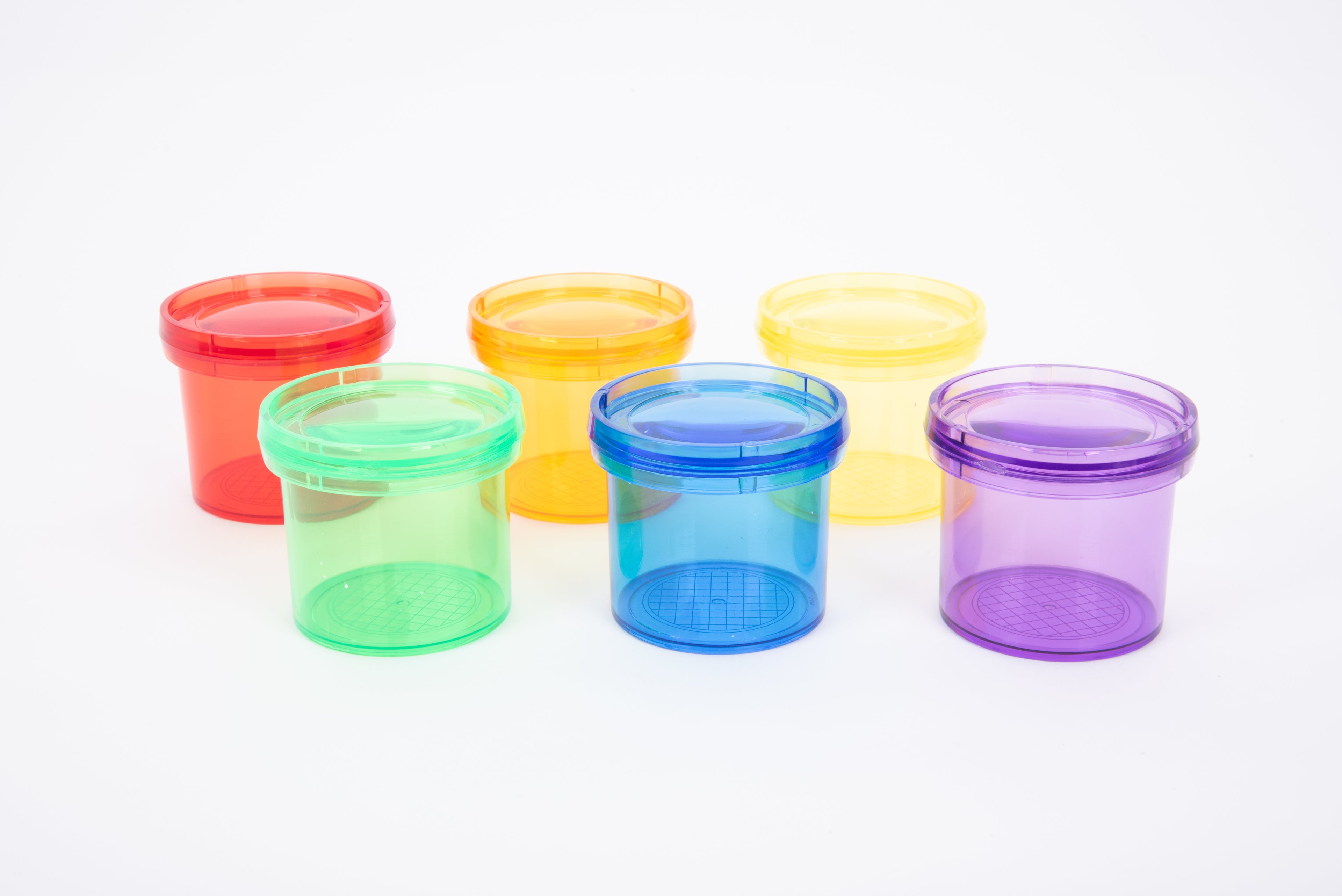 Set of translucent color viewer cups in red, green, blue, purple, and yellow