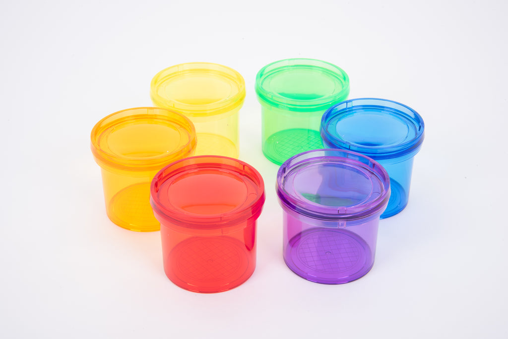 Translucent color viewer cups arranged in yellow, green, blue, red, and purple