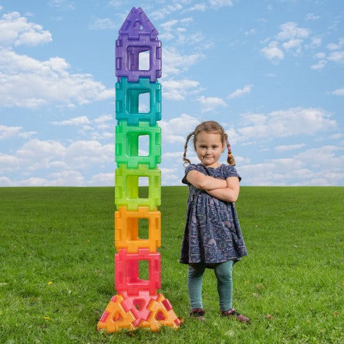 Translucent giant polydron set with stacked rainbow building pieces