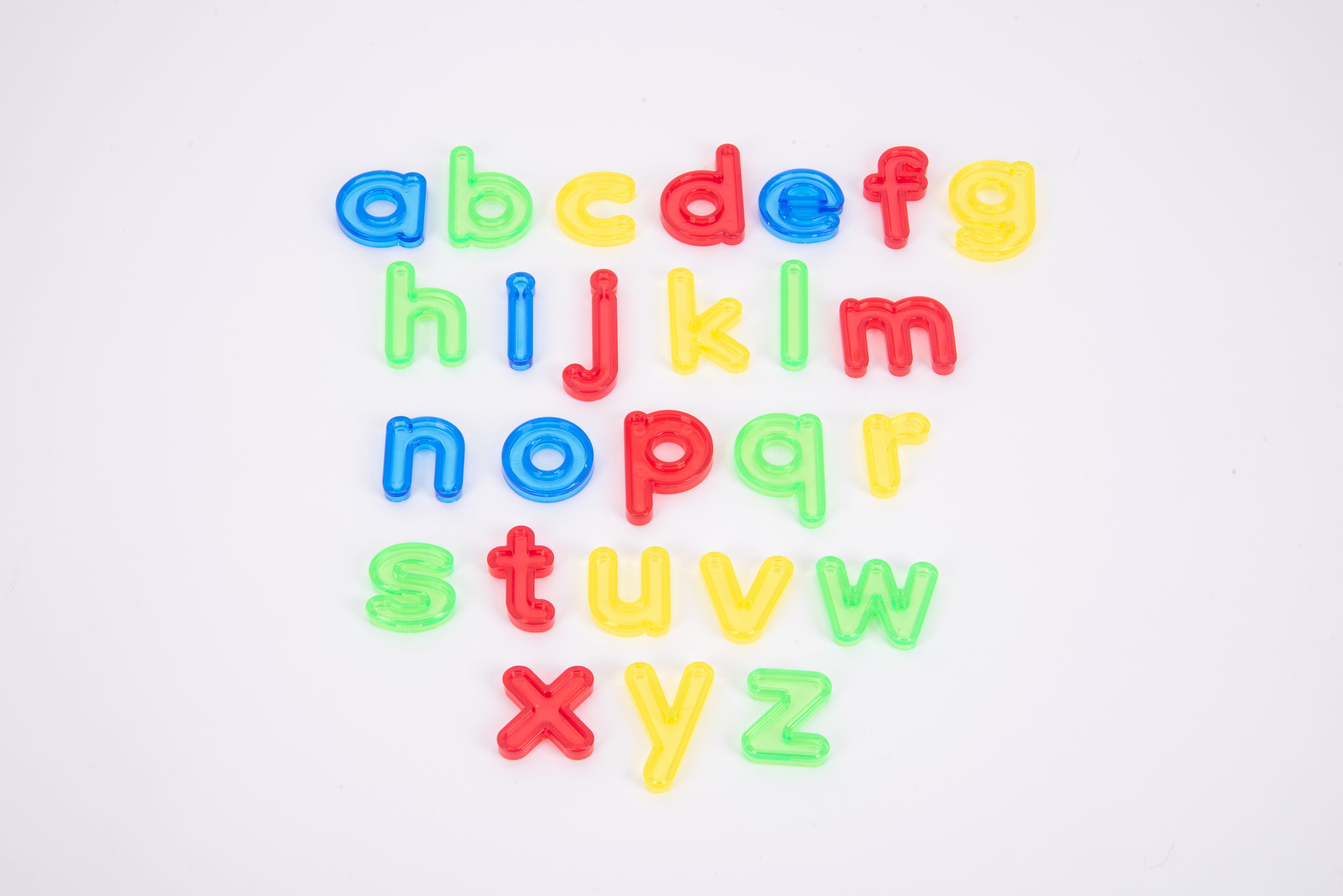 Translucent lowercase letter set, multicolor plastic pieces