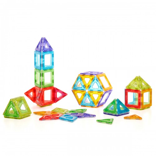 Translucent magnetic construction set, colorful geometric pieces in various shapes