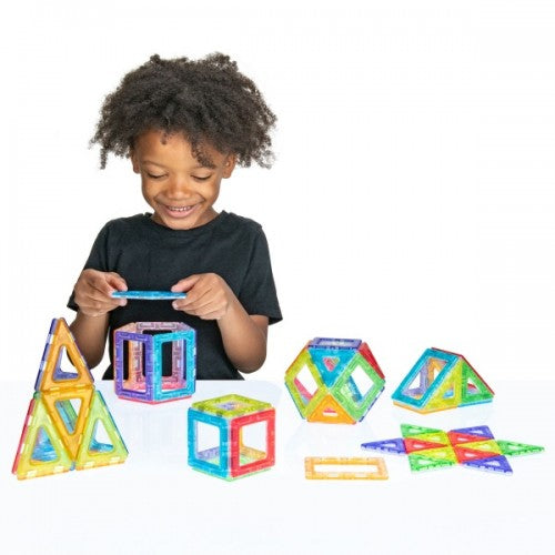 Translucent magnetic polygon shape set with colorful geometric tiles