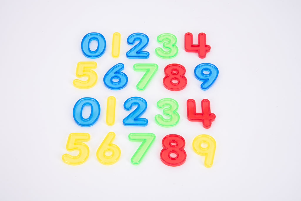 Flat lay of colorful translucent numbers with blue, yellow, green, and red digits.