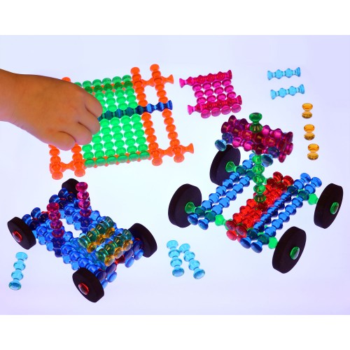 Translucent Playstix set with colorful bead rods, wheels, and connectors in multiple colors