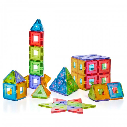 Translucent magnetic building set with colorful geometric tiles and panels
