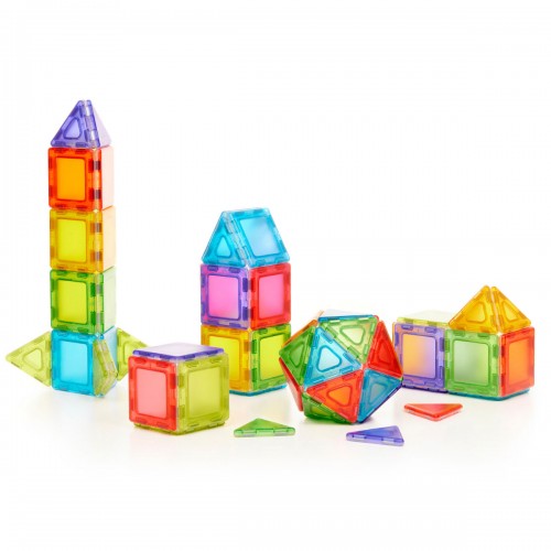 Translucent magnetic polydron class set with multicolor geometric building pieces