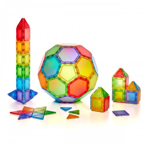 Translucent multicolor magnetic geometric shapes set with octagon center and small blocks