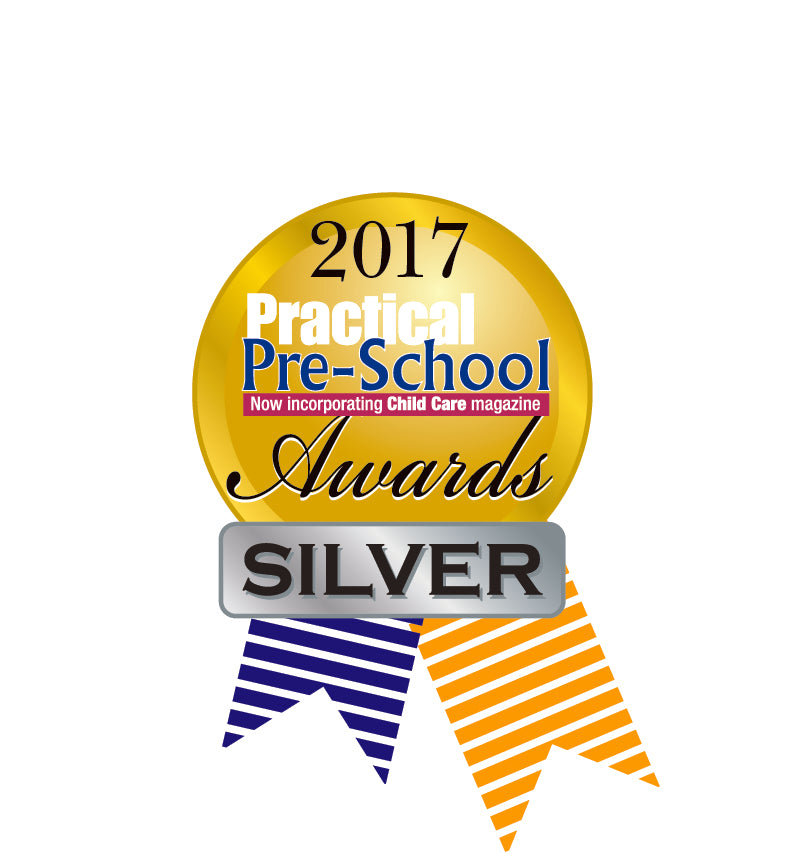 Silver award banner badge with striped blue and orange ribbons and 2017 emblem