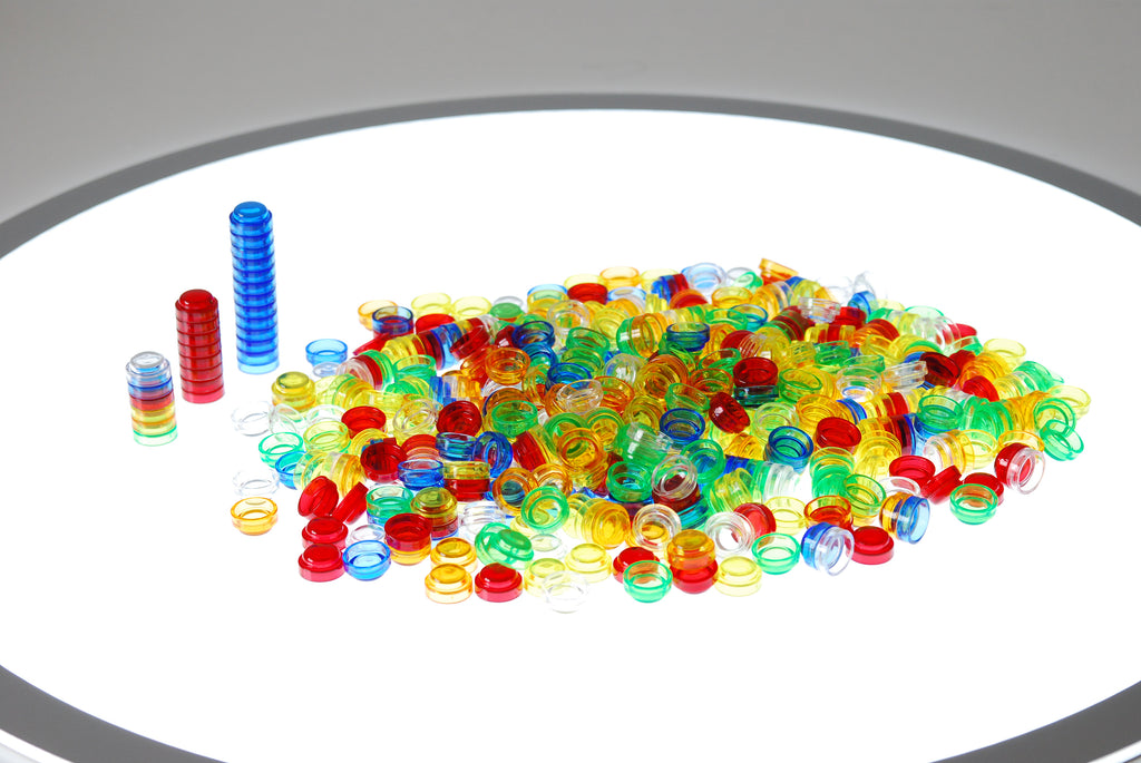 Colorful translucent counter rings and vertical stacking pegs