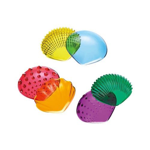 Tactile shell pieces set with yellow, blue, red, orange, green, and purple halves