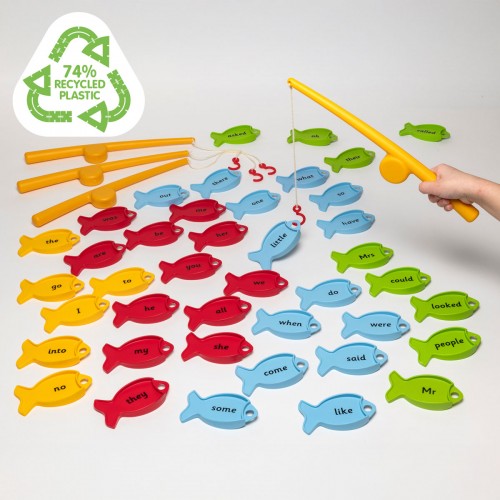 Tricky words fishing game set with plastic fish tokens and two yellow fishing rods
