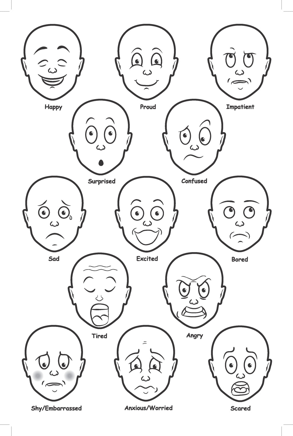 Emotion faces sticker sheet with 12 labeled black-and-white expressions