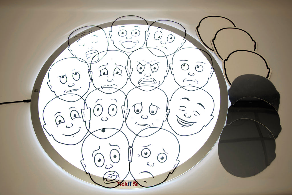 Emotion face sticker set on a circular board with multiple black-and-white faces