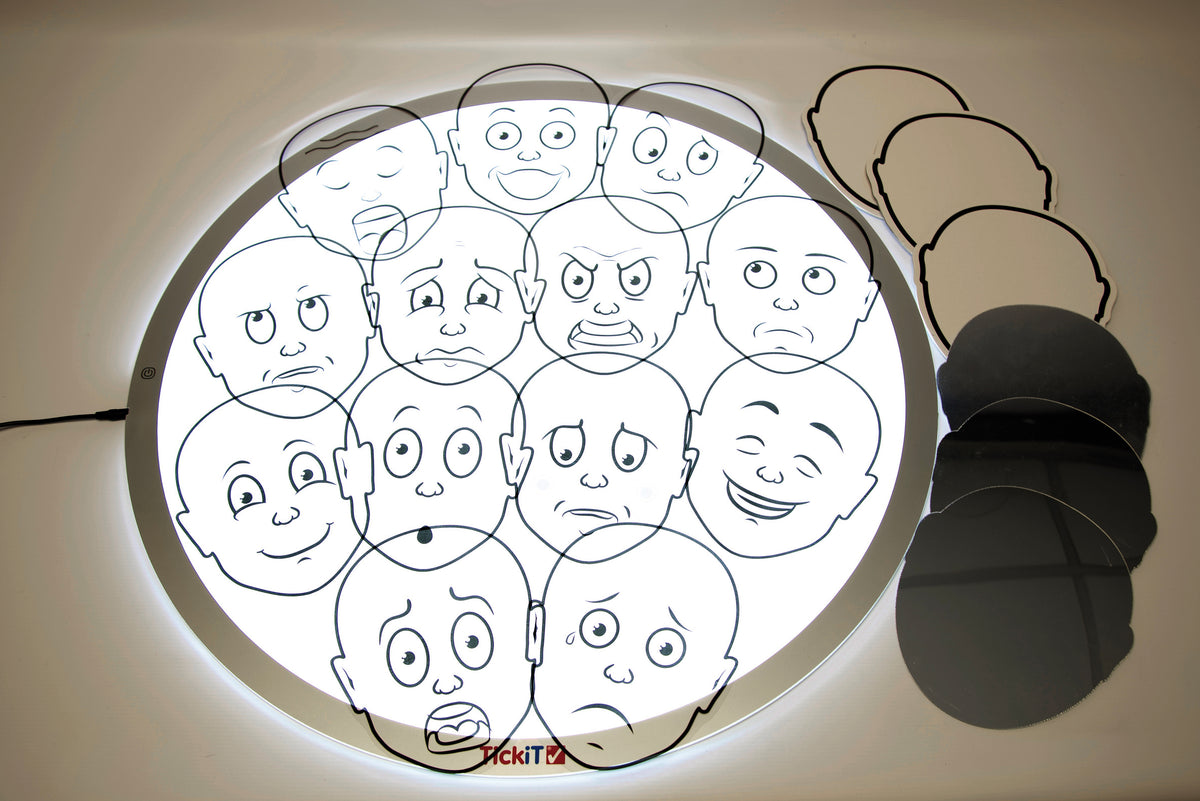 Emotion face sticker set on a circular board with multiple black-and-white faces