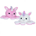 Reversible unicorn octopus plush toy, pink and white with horn and smiling face, 20cm