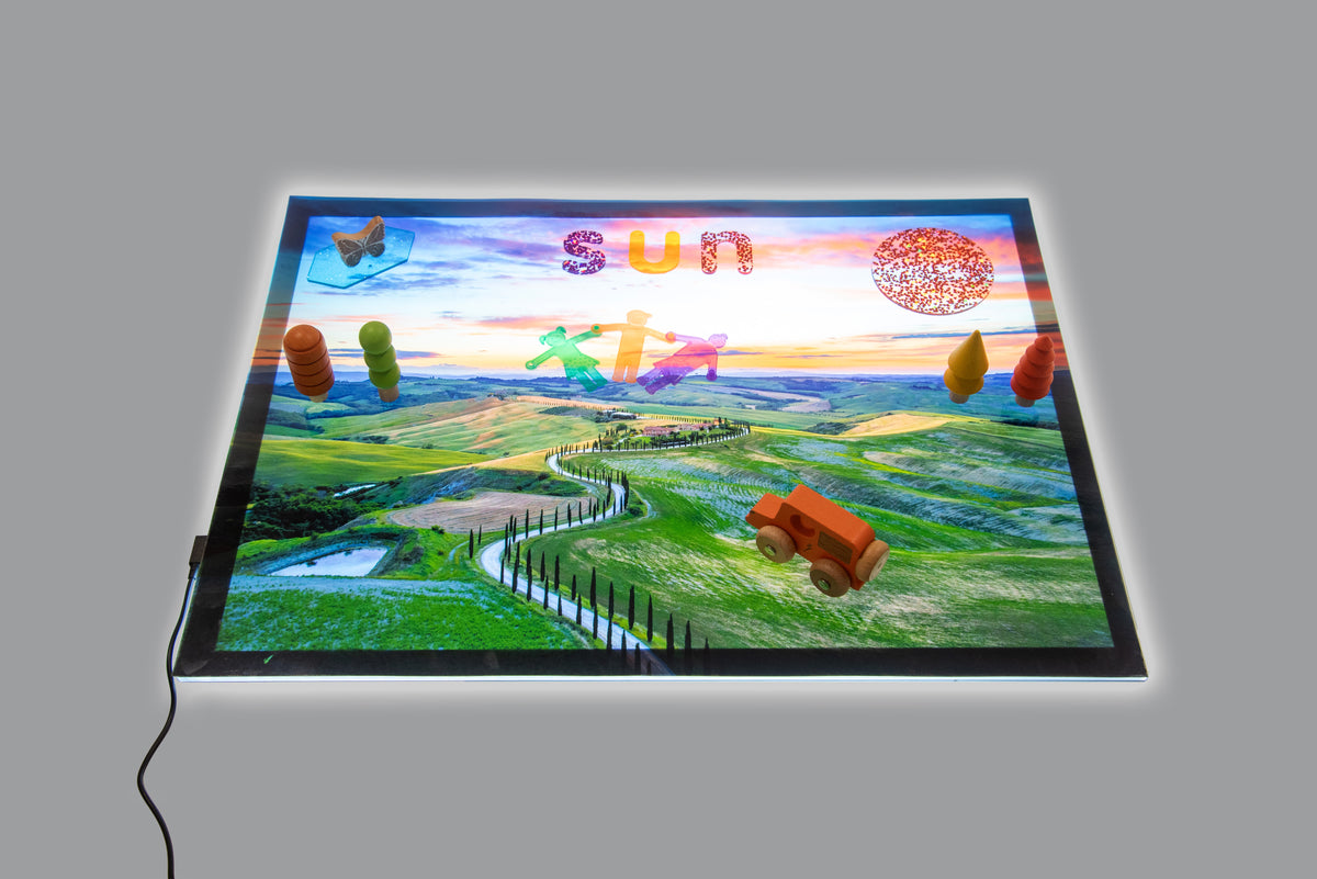 A2 play mat featuring green landscape, winding fence, and scattered toy figures