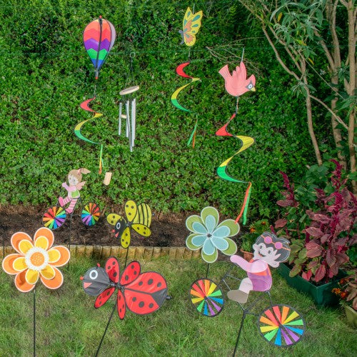Colorful butterfly and flower yard wind spinner set with hanging metal rods