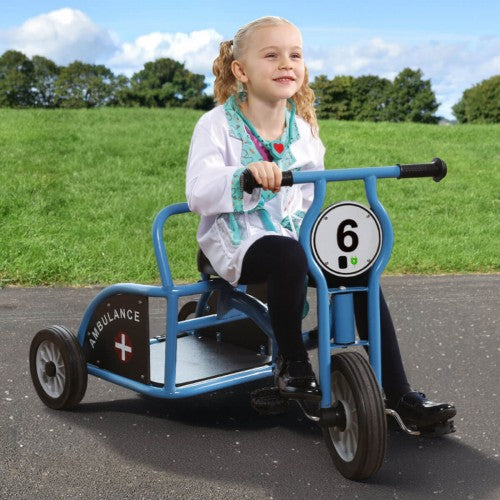 Blue ambulance ride-on tricycle with steering handle and circular number 6 panel