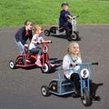 Set of 3 ride-on emergency tricycles: blue, red, and gray with front number wheels