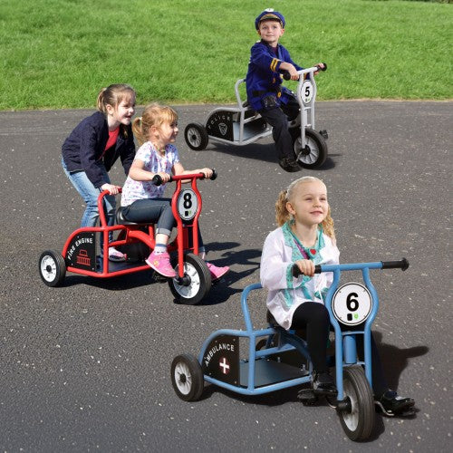 Set of 3 ride-on emergency tricycles: blue, red, and gray with front number wheels