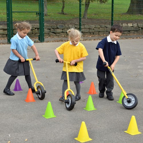 Children’s ride-on hobby wheel scooter with yellow handle and two-wheeled base