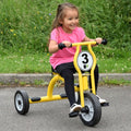Yellow three-wheel tricycle with number plate 3 and black handlebar grips
