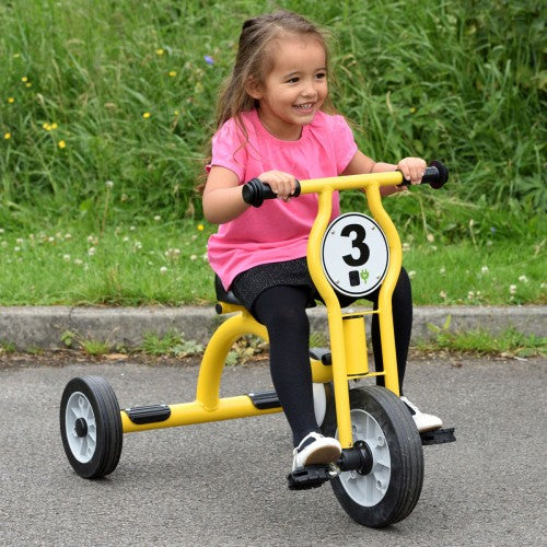 Yellow three-wheel tricycle with number plate 3 and black handlebar grips