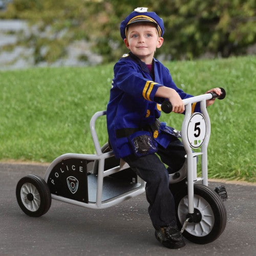 Kids police ride-on tricycle with white frame, number plate 5, three wheels